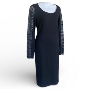 BAILEY 44 black dress, with laser-cut leather top & sleeves, back zip. L